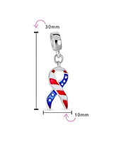 Bling Jewelry Patriotic Usa Flag Ribbon Dangle Charm Bead Enamel Silver for European Bracelet