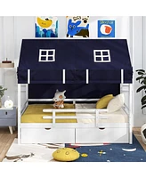 Kids House Bed with Canopy Tent and Built-In Storage Drawers