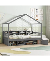 House Bed with Roof with 14 Storage Cubes and Enclosed Cabinet