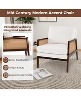 Mid Century Modern Accent Chair with Rattan Arms and Cushion