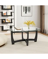 Oval Coffee Table with Tempered Glass Tabletop and Rubber Wood Legs