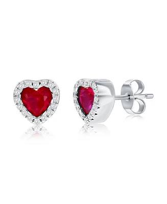 Sterling Silver, Ruby Cz Heart Stud Earrings