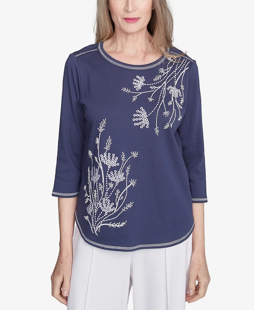 Alfred Dunner Women's Nantucket Asymmetric Floral Embroidered Crew Neck Top