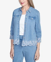 Alfred Dunner Women's Flower Power Denim Floral Embroidered Jacket