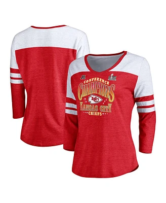 Fanatics Women's Heather Red Kansas City Chiefs 2024 Afc Champions Tri-Blend 3/4 Sleeve V-Neck T-Shirt