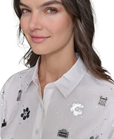 Karl Lagerfeld Paris Women's Embellished Cropped Button-Down Shirt