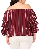 Vince Camuto Plus Striped Off The Shoulder Bubble Sleeve Tie Front Blouse