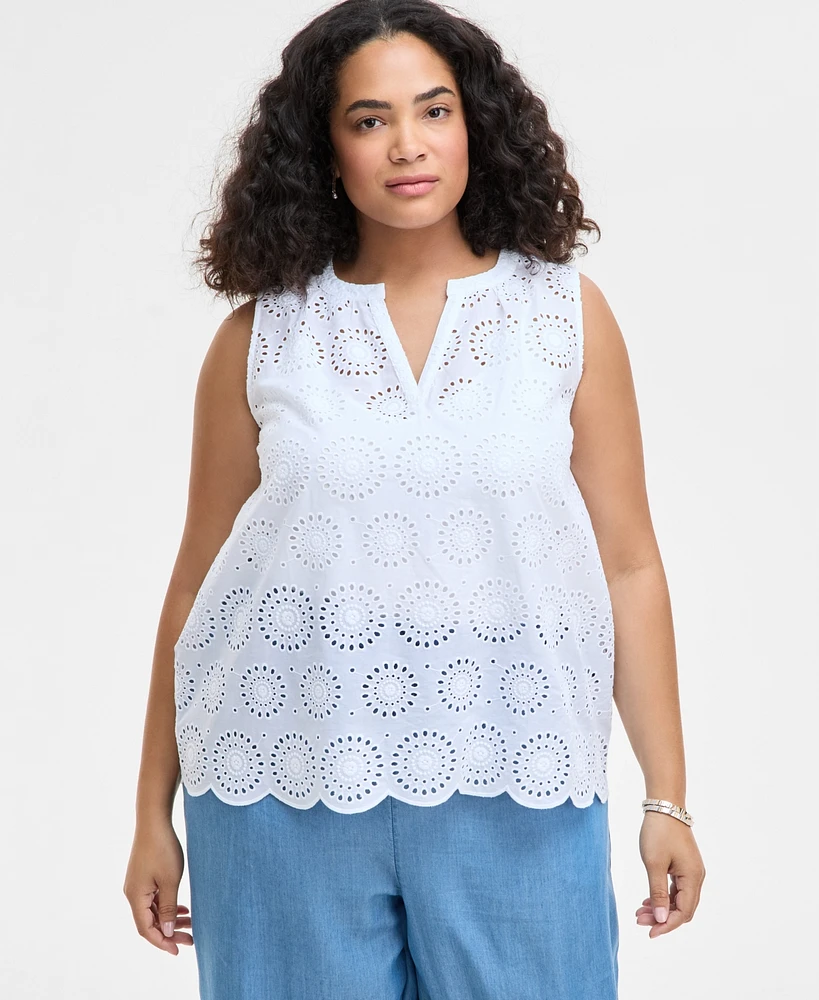 On 34th Trendy Plus Cotton Eyelet Split-Neck Tank, Exclusively at Macy's