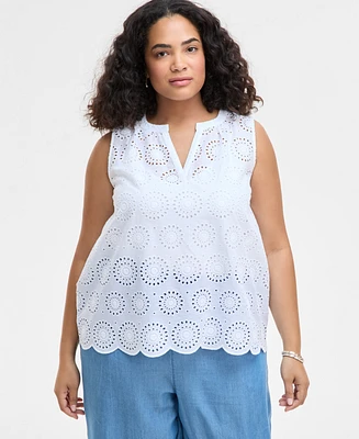 On 34th Trendy Plus Cotton Eyelet Split-Neck Tank, Exclusively at Macy's