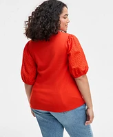 On 34th Trendy Plus Eyelet-Sleeve Rib-Knit Top, Exclusively at Macy's