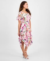 Robbie Bee Women's Floral Clip-Dot Cowlneck Asymmetric Dress