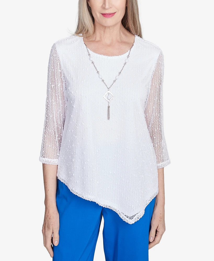 Alfred Dunner Petite Parrot Cay Popcorn Mesh Top with Necklace