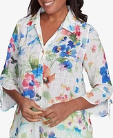 Alfred Dunner Petite Parrot Cay Abstract Watercolor Button Down Collared Neckline Top