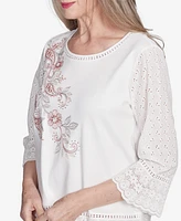 Alfred Dunner Petite Estate of Mind Embroidered Floral Eyelet Trim Top