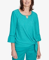 Alfred Dunner Petite Nantucket Solid Tie Front Bell Sleeve Top