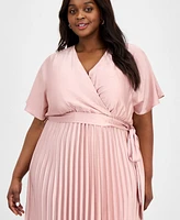 Sandra Darren Plus Pleated Tie-Waist Flutter-Sleeve Dress