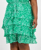 Sandra Darren Plus Printed Chiffon Tie-Waist Flutter-Sleeve Dress