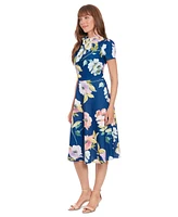 London Times Women's Tie-Neck Short-Sleeve A-Line Dress