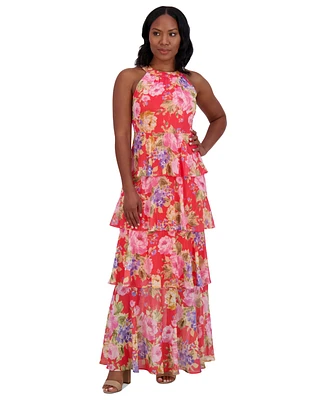 Jessica Howard Petite Floral-Print Tiered Halter Gown