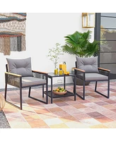 3 Pieces Patio Furniture Set with 2 Tier Coffee Table and Soft Seat Cushions