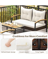 4 Pieces Patio Conversation Set with Acacia Wood Armrests and Tabletop and Cushions