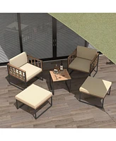 5 Piece Outdoor Furniture Set Acacia Wood Chair Set with Ottomans and Coffee Table