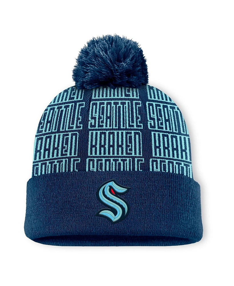 Fanatics Men's Navy/Light Blue Seattle Kraken Fundamental Empty Net Cuffed Knit Hat with Pom