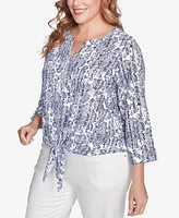 Hearts Of Palm Plus Size Making Waves Printed Tie Front Gauze Top