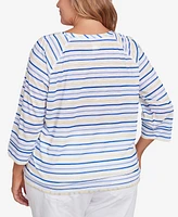 Hearts Of Palm Plus Making Waves Beach Scene Drawstring 3/4 Sleeve Top