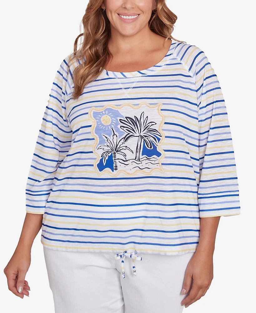 Hearts Of Palm Plus Making Waves Beach Scene Drawstring 3/4 Sleeve Top