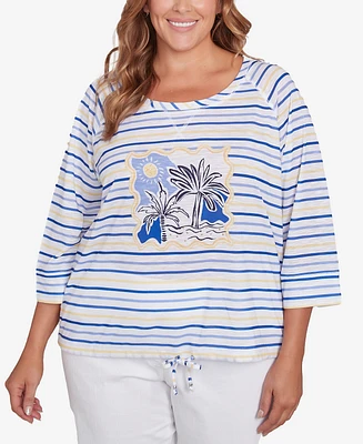 Hearts Of Palm Plus Making Waves Beach Scene Drawstring 3/4 Sleeve Top