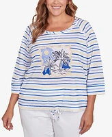 Hearts Of Palm Plus Making Waves Beach Scene Drawstring 3/4 Sleeve Top