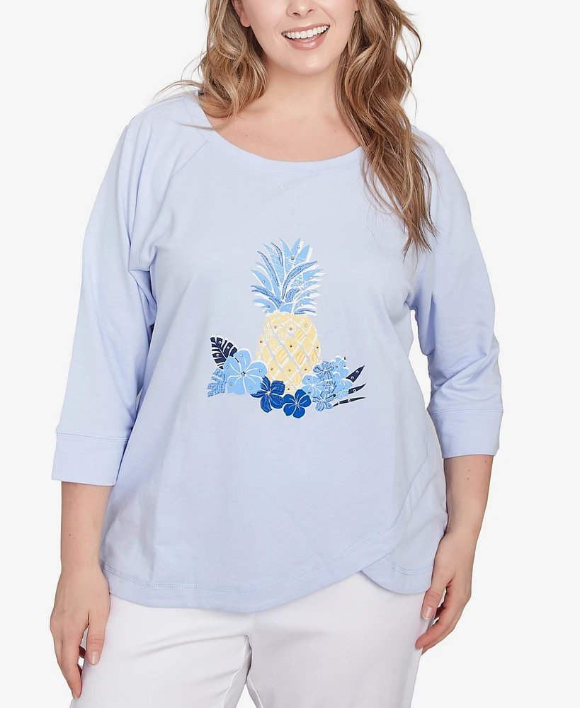 Hearts Of Palm Plus Making Waves Pineapple Printed 3/4 Sleeve Top