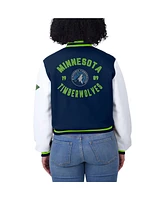 Wear by Erin Andrews Women's Navy/White Minnesota Timberwolves Cropped Varsity Full-Zip Jacket