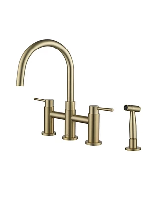 Bridge Kitchen Faucet with Side Sprayer 4 Hole Double Handle Vintage Sink Farmhouse Kithcen Brass Faucet, Brushed Go