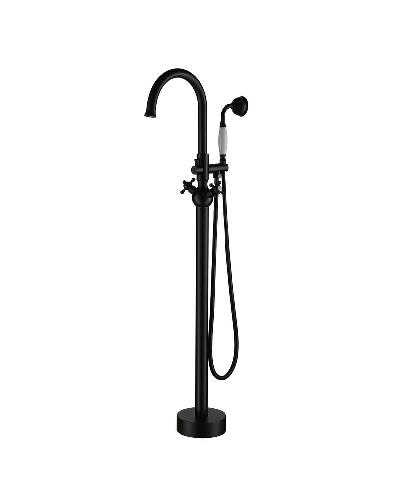 Freestanding Tub Faucet Floor Mount Tub Faucet Matte Black High Flow Tub Filler Tub Faucet with Antique Handheld Swivel Gooseneck Spout Shower Mixer T