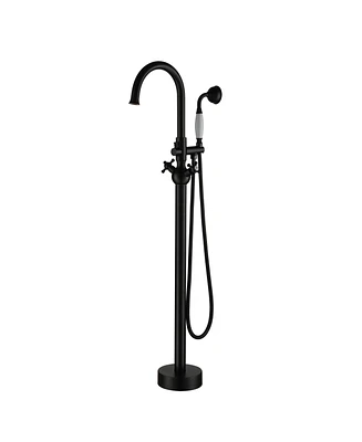 Freestanding Tub Faucet Floor Mount Tub Faucet Matte Black High Flow Tub Filler Tub Faucet with Antique Handheld Swivel Gooseneck Spout Shower Mixer T