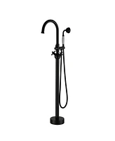 Freestanding Tub Faucet Floor Mount Tub Faucet Matte Black High Flow Tub Filler Tub Faucet with Antique Handheld Swivel Gooseneck Spout Shower Mixer T
