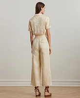 Lauren Ralph Petite 100% Linen Embroidered Short-Sleeve Jumpsuit