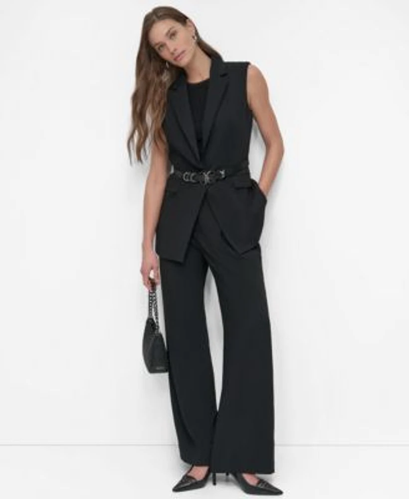 Dkny Womens Notch Collar Belted Extended Vest High Rise Pleat Front Wide Leg Pants Ribbed Sleeveless Crewneck Sweater