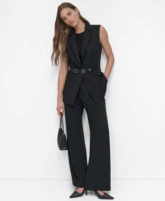 Dkny Womens Notch Collar Belted Extended Vest High Rise Pleat Front Wide Leg Pants Ribbed Sleeveless Crewneck Sweater