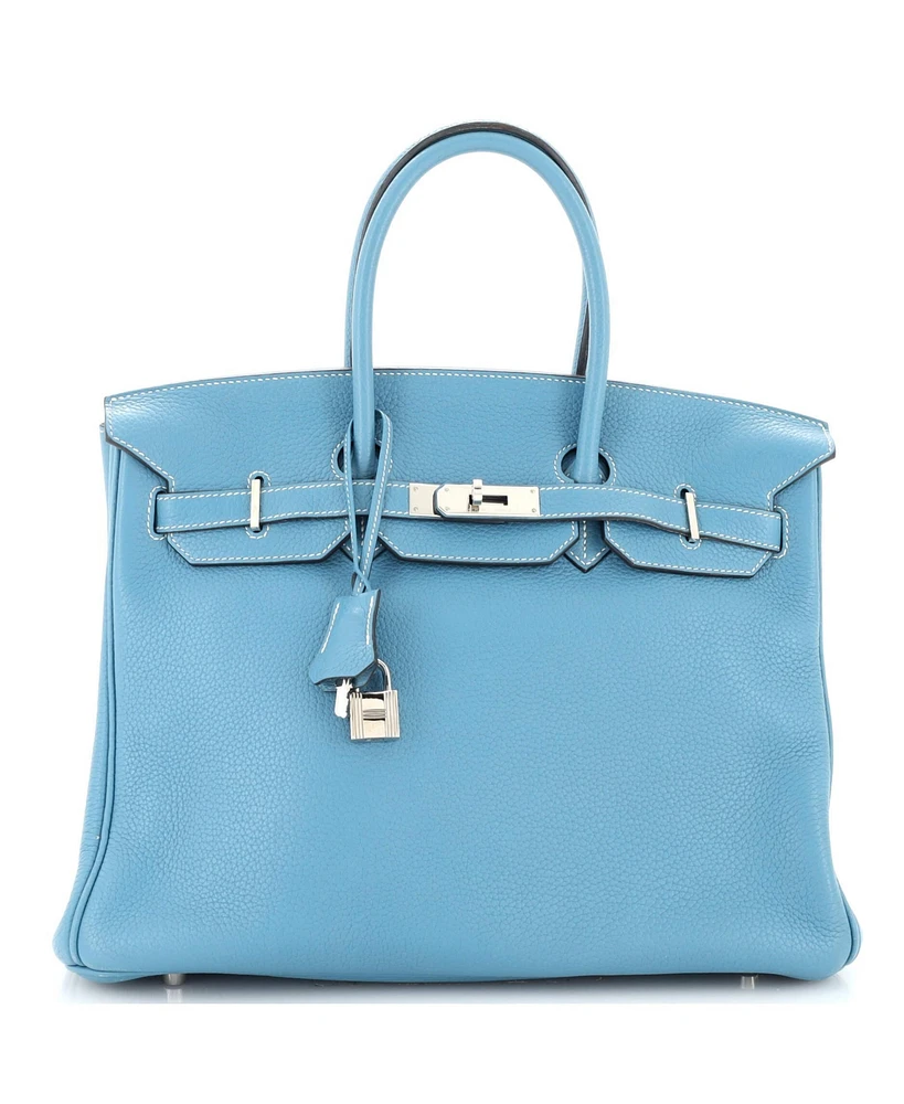 Pre-Owned HERMES Birkin 35 Handbag Blue Clemence with Palladium Hardware