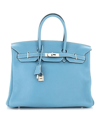 Pre-Owned HERMES Birkin 35 Handbag Blue Clemence with Palladium Hardware
