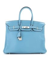 Pre-Owned HERMES Birkin 35 Handbag Blue Clemence with Palladium Hardware