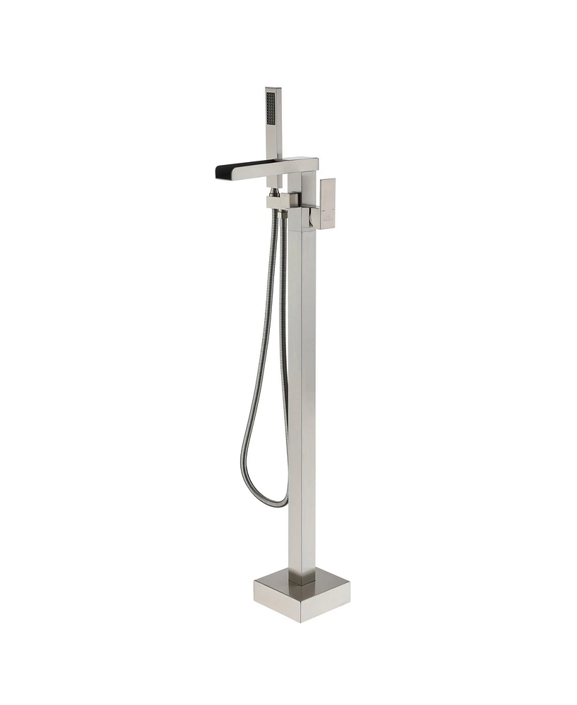 Freestanding Bathtub Faucet Bathtub Tub Filler Floor Mount Bathroom Faucets Brass Single Handle Tub Faucet with Handheld Spray, Brushed Nickel