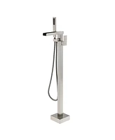 Freestanding Bathtub Faucet Bathtub Tub Filler Floor Mount Bathroom Faucets Brass Single Handle Tub Faucet with Handheld Spray, Brushed Nickel