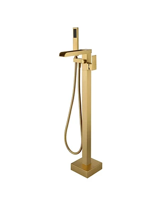 Freestanding Bathtub Faucet Tub Filler Floor Mount Bathroom Faucets Brass Single Handle with Handheld Spray, Brushed Nickel