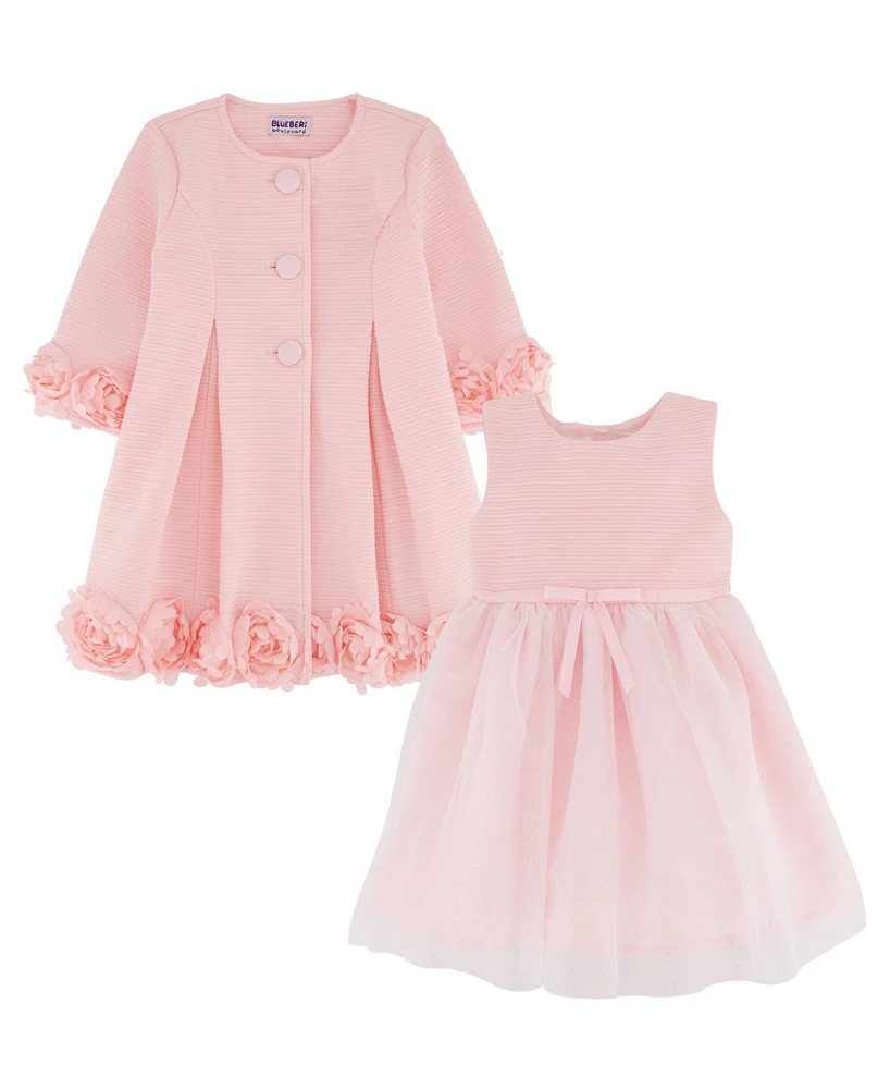 Blueberi Boulevard Baby Girls 2-Piece Rosette Trim Textured Swing Coat and Tulle Dress Set