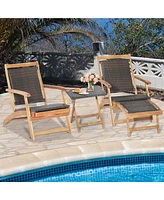4PCS Patio Rattan Folding Lounge Chair Table Acacia Wood withRetractable Footrest