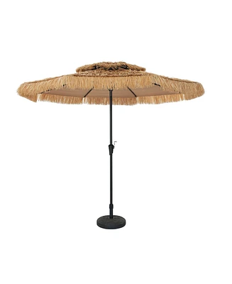 10 ft. Outdoor Double Layer Hawaiian Style Market Umbrella in Brown with Base and Crank Tilt